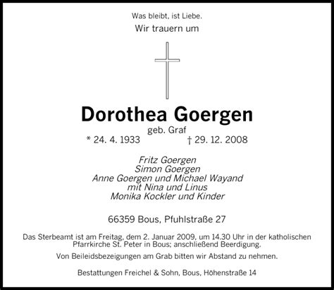 Traueranzeigen Von Dorothea Goergen Saarbruecker Zeitung Trauer De