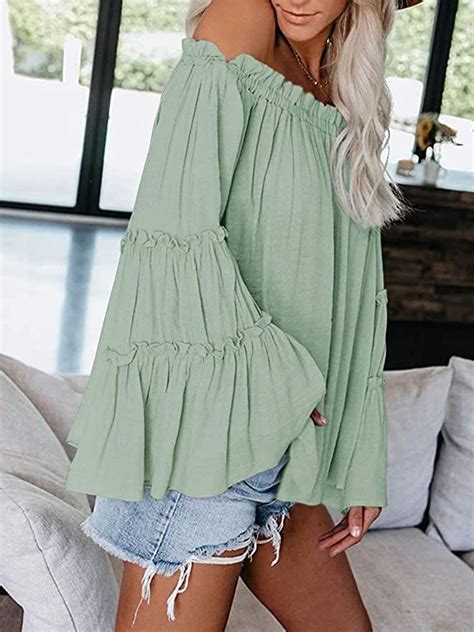 Womens Off The Shoulder Long Bell Sleeve Tops Flared Casual Loose