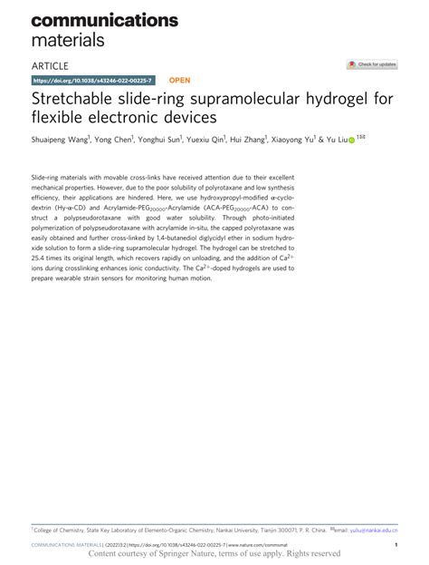 Pdf Stretchable Slide Ring Supramolecular Hydrogel For Flexible