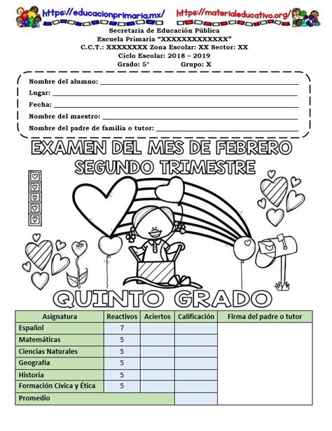 Examen Del Quinto Grado Del Mes De Febrero Segundo Trimestre Ciclo Escolar 2018 2019