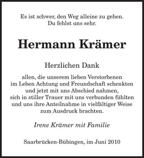 Traueranzeigen Von Hermann Kr Mer Saarbruecker Zeitung Trauer De