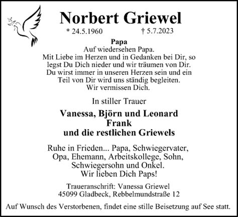 Traueranzeigen Von Norbert Griewel Trauer In Nrw De