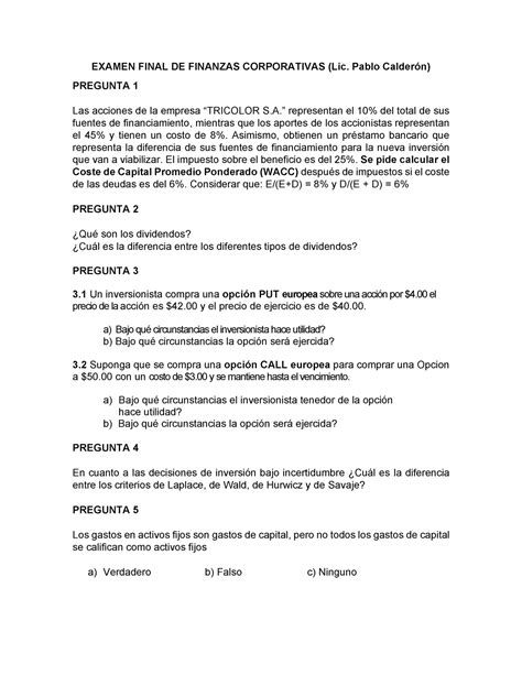 Examen Final De Finanzas Corporativas Examen Final De Finanzas