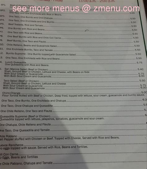 Menu at San Marcos Mexican Restaurant, Valley