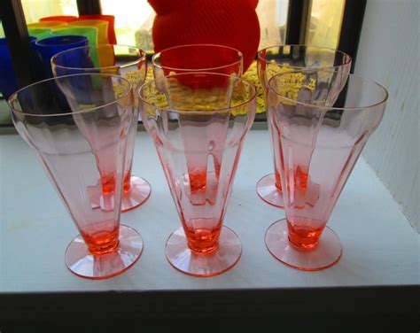 Stunning Pink Depression Glass Water Goblets Paneled Pattern Tall Pilsner Shape Collectible