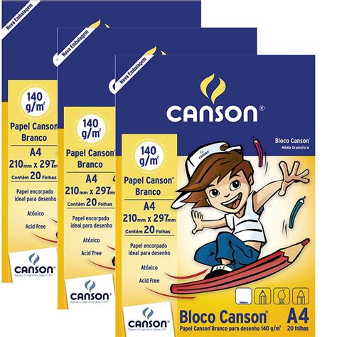 Kit 3 Blocos Canson A4 20 Folhas Cada Gramatura 140g Branco Ideal Para