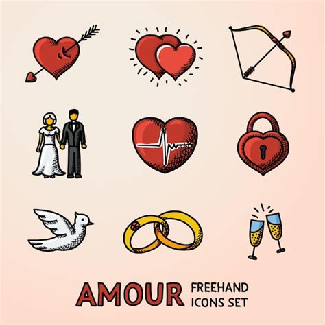 Premium Vector Set Of Hand Drawn Love Amour Icons With Heart With