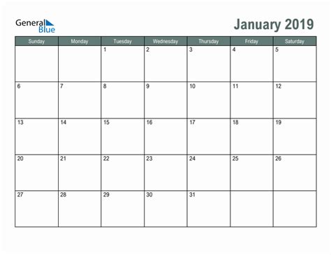 Blank January 2019 Monthly Calendar Template