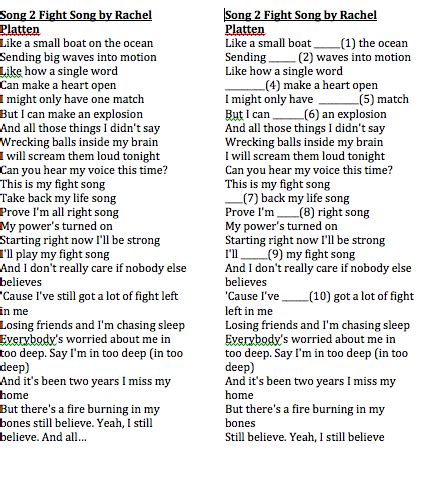 The Fight Song By Rachel Platten Worksheet Rachel Platten Fight Song