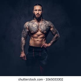 Portrait Muscular Naked Bearded Tattoed Male Stock Photo