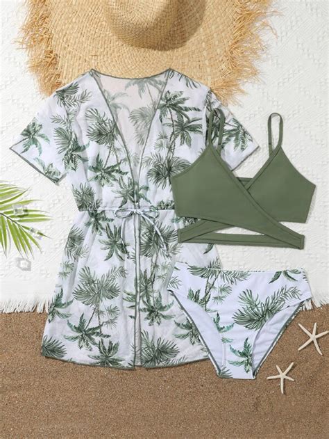 SHEIN Teen Girls Tropical Print Bikini Swimsuit With Kimono SHEIN UK