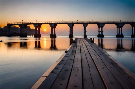 Premium AI Image | a bridge over the water at sunset