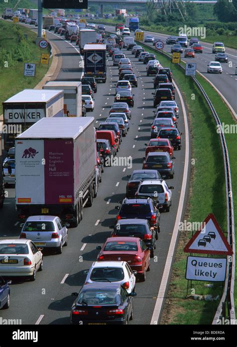 Warning Sign Of Queues Ahead At Traffic Jam At Roadworks On The A M