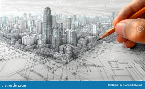 Architect Hand Drawing Urban Cityscape With Pencil Over Blueprints