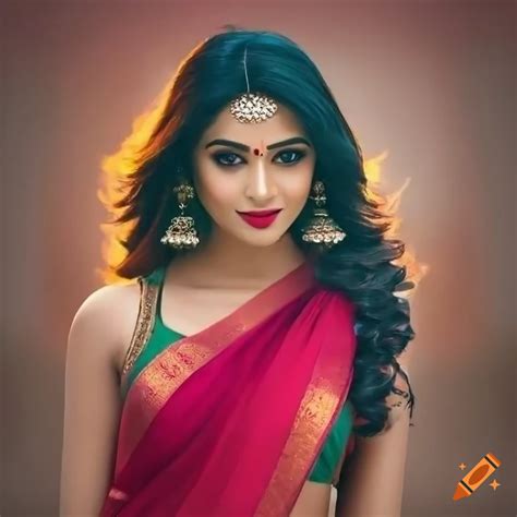 Beautiful Indian Woman Wearing A Red Saree High Quality High