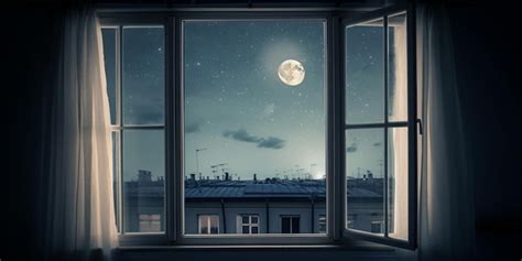 Premium Photo | View from room with open window night sky with moon and ...