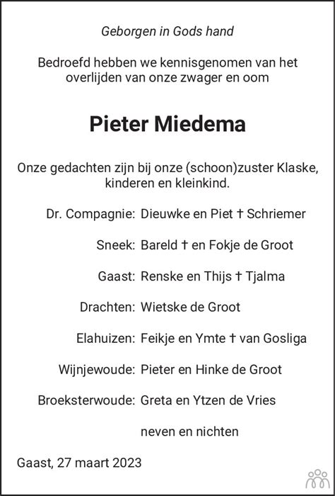 Pieter Miedema Overlijdensbericht En Condoleances