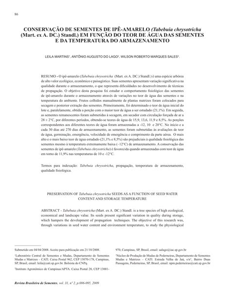 PDF Conservação de sementes de ipê amarelo Tabebuia chrysotricha