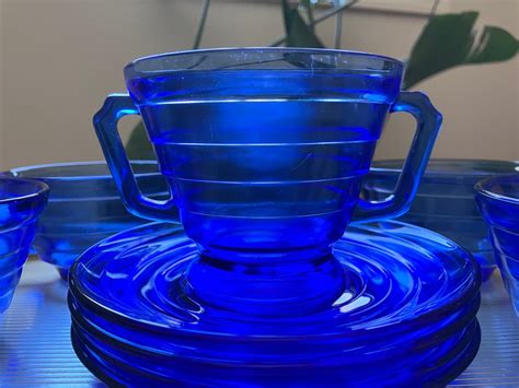 Hazel Atlas Moderntone Cobalt Blue Mcm 4 Tea Cups And 4 Saucers With 1 Sugar Bowl Priced As A