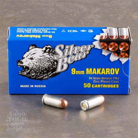 9mm Makarov 9x18mm Ammunition For Sale Silver Bear 94 Grain Full Metal Jacket Fmj 50 Rounds