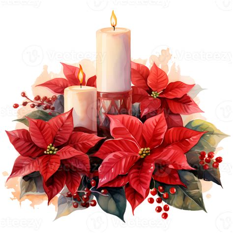 Christmas Decoration With Poinsettias And Burning Candles Watercolor