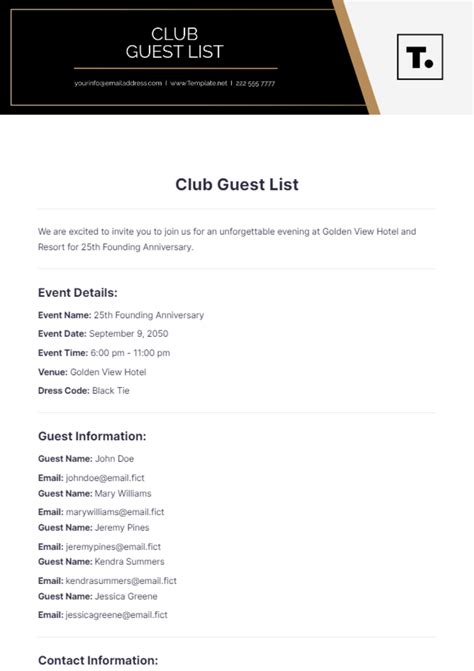 Free Club Guest List Template to Edit Online