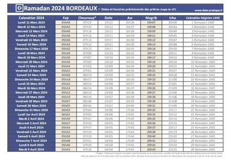 Ramadan 2024 BORDEAUX DATES calendriers avec horaires des prières