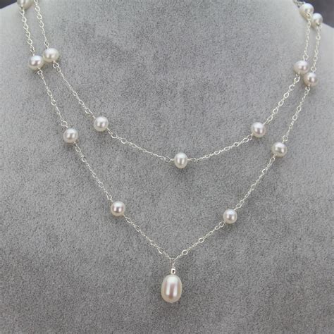 Teardrop Pearl Pendant Double Strand Station Necklace Aaa 7 10mm