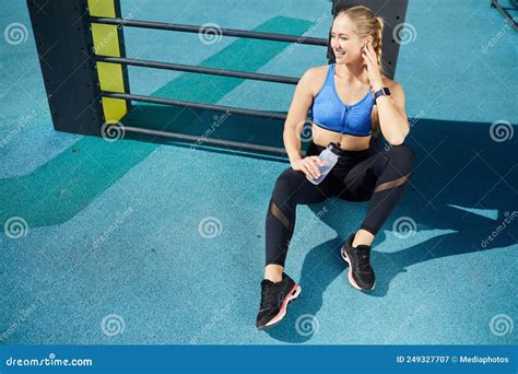 Muscular Woman Resting At Workout Area Stock Image Image Of People