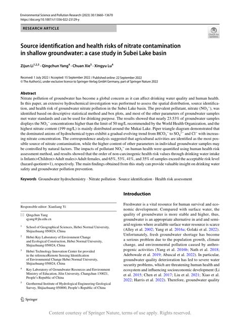 Source Identification And Health Risks Of Nitrate Contamination In