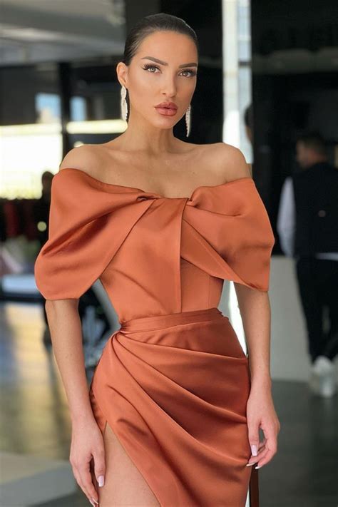 Amazing Burnt Orange Off The Shoulder Mermaid Evening Dress Slit Long