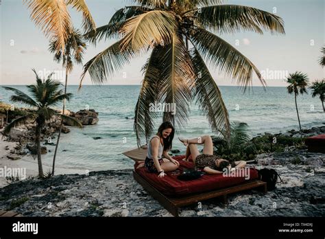 Mexico Quintana Roo Tulum Two Happy Young Women Relaxing On The