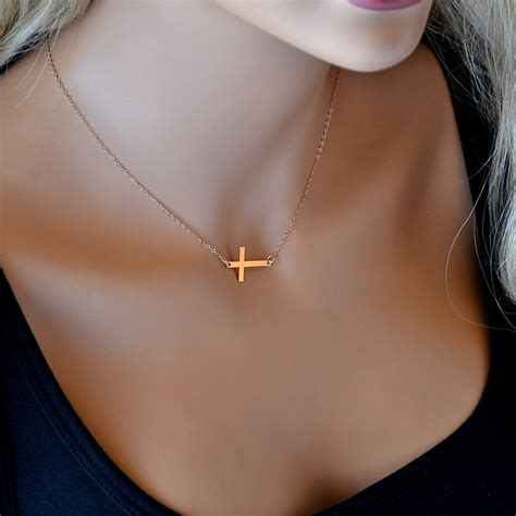 Rose Gold Sideways Cross Necklace Horizontal Cross Kelly Etsy