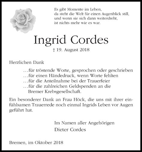 Traueranzeigen Von Ingrid Cordes Trauer Gedenken