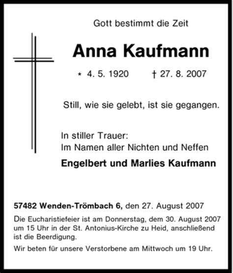 Traueranzeigen Von Anna Kaufmann Trauer In NRW De