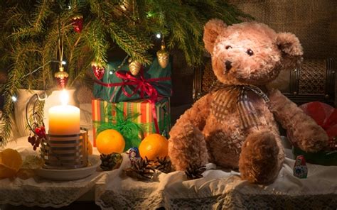 Fonds Décran Ours En Peluche Et Cadeau Bougie Thème De Noël Hd Image