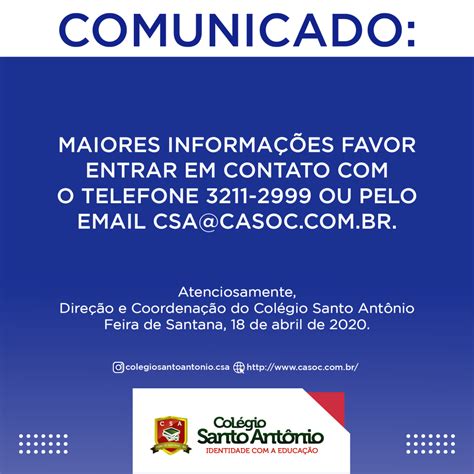 ATENÇÃO Senhores Pais e ou Responsáveis Colégio Santo Antônio