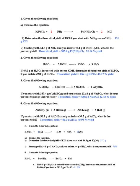 Percent Yield Calculations Worksheets