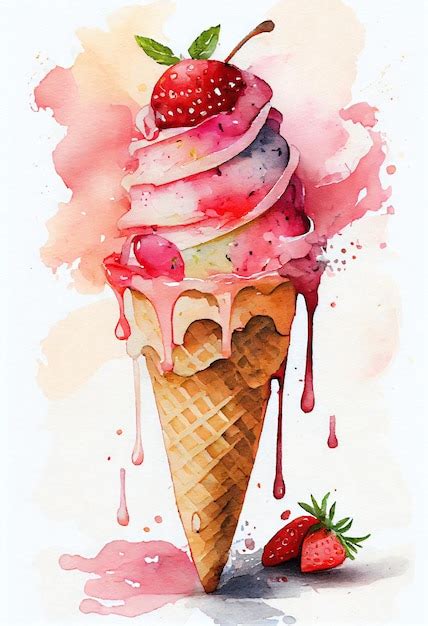 Premium Photo Watercolor Painting Of A Strawberry Ice Cream