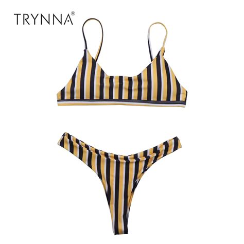 Trynna Biquini Yellow Navy Vertical Stripes Sexy Bikini Sexy Thong