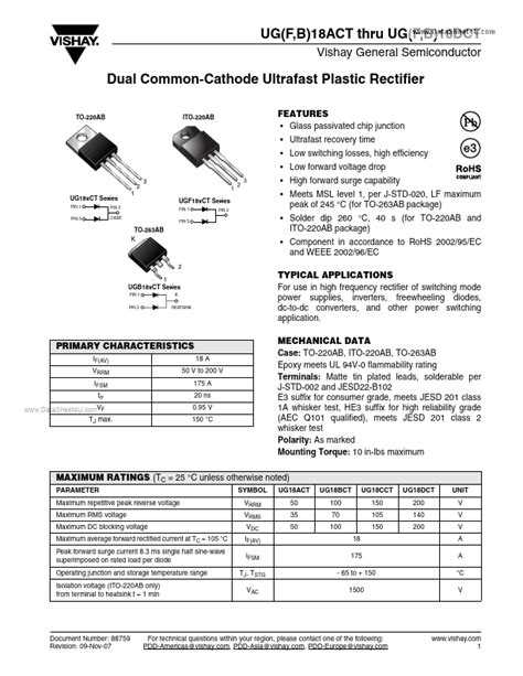 UGF18BCT Datasheet ULTRAFAST EFFICIENT PLASTIC RECTIFIER