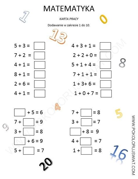 Karta Pracy Ucznia Dodawanie W Zakresie Pokoloruj Wiat Math