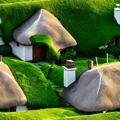 Whimsical Thatched Cottages gráfico digital padrão verde de grama