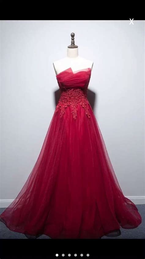 Red Strapless Prom Dress A Line Tulle Prom Dress Appliques Prom Dress