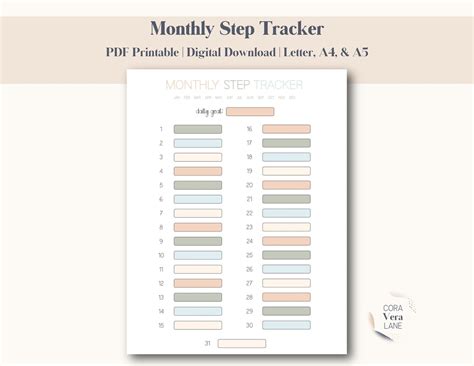 Monthly Step Tracker Printable Step Tracking Step Counter Pdf Us