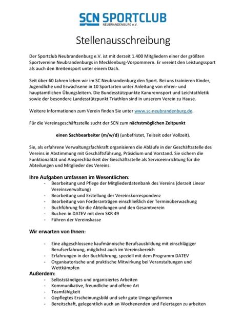 Stellenausschreibung Sachbearbeiter M W D Sportclub Neubrandenburg E V