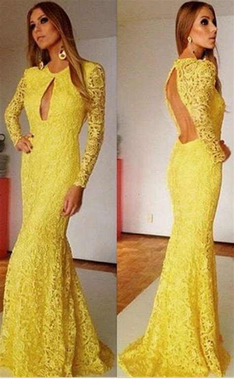 yellow charming evening dresslace prom dresses prom gownsyellow