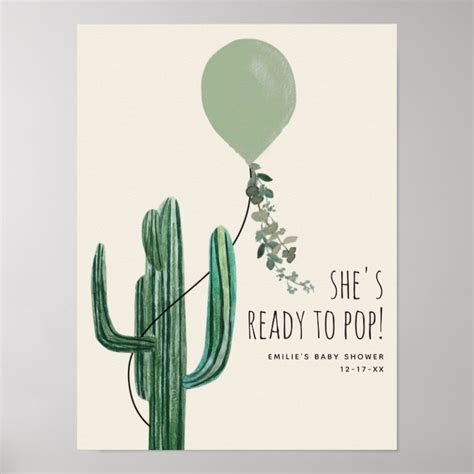 Ready To Pop Green Balloon Cactus Baby Shower Poster Zazzle