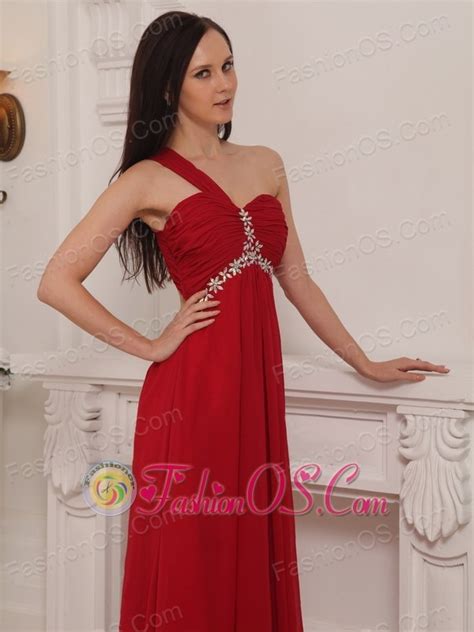 Red Empire One Shoulder Floor Length Chiffon Beading And Rush Prom