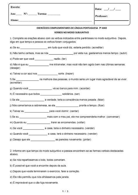 Exercícios Verbos Modo Indicativo 7 Ano Com Gabarito Braincp